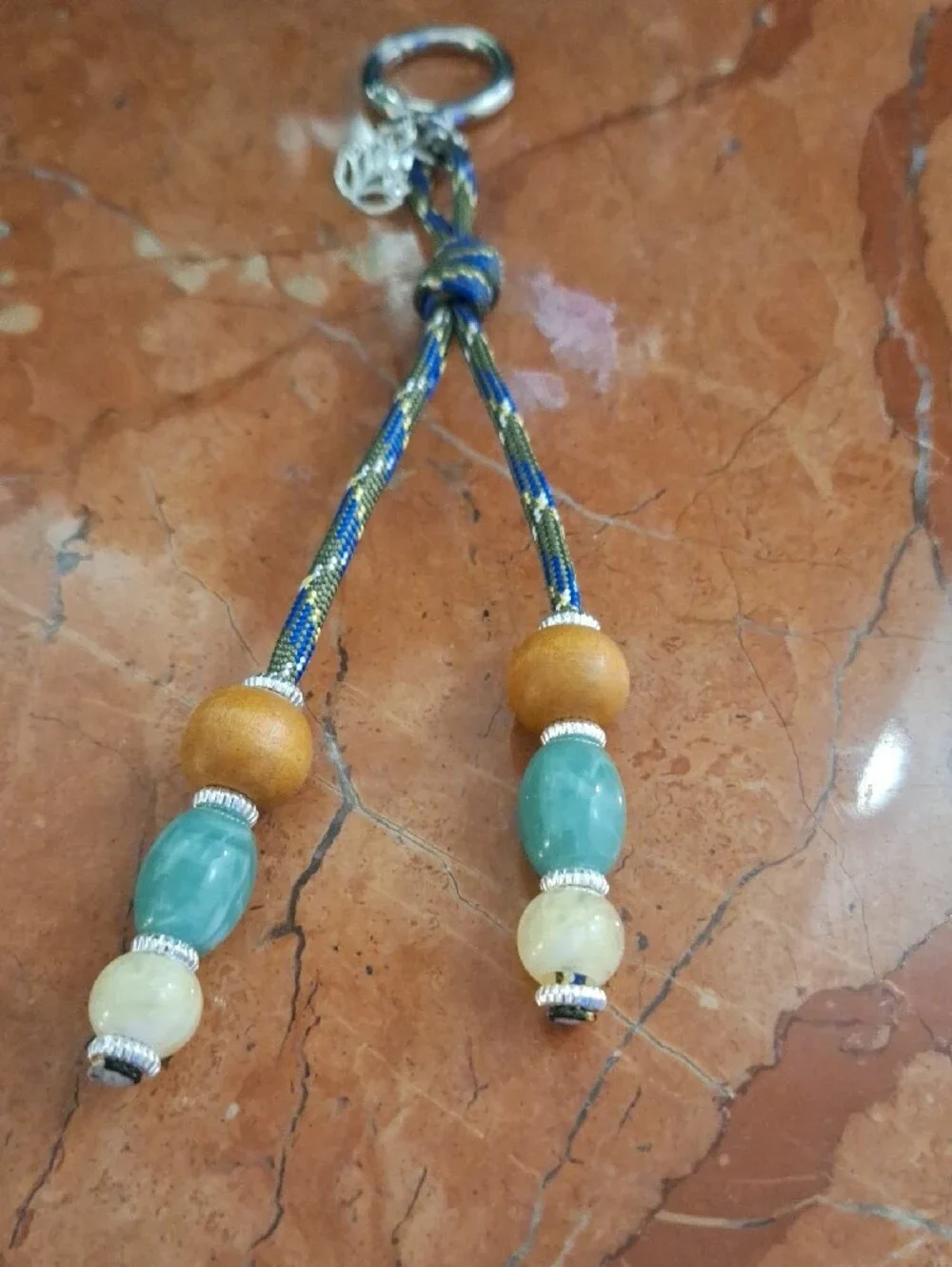 Beaded Tassel Keychain Bag Charm with Lotus Charm - Teal, Wood & Cream